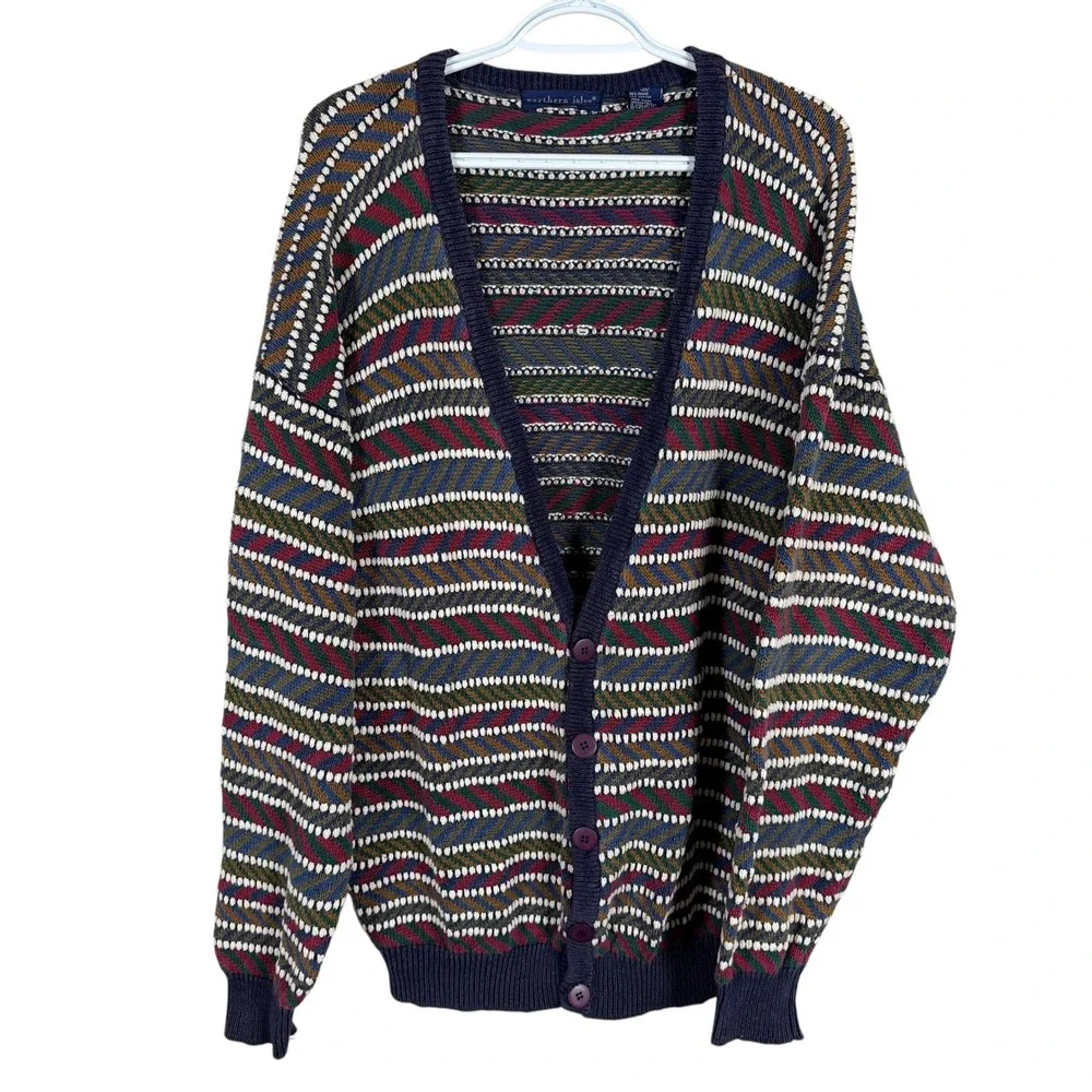 Vintage Northern Isles Cardigan Sweater Mens XL Multicolor Striped Textured